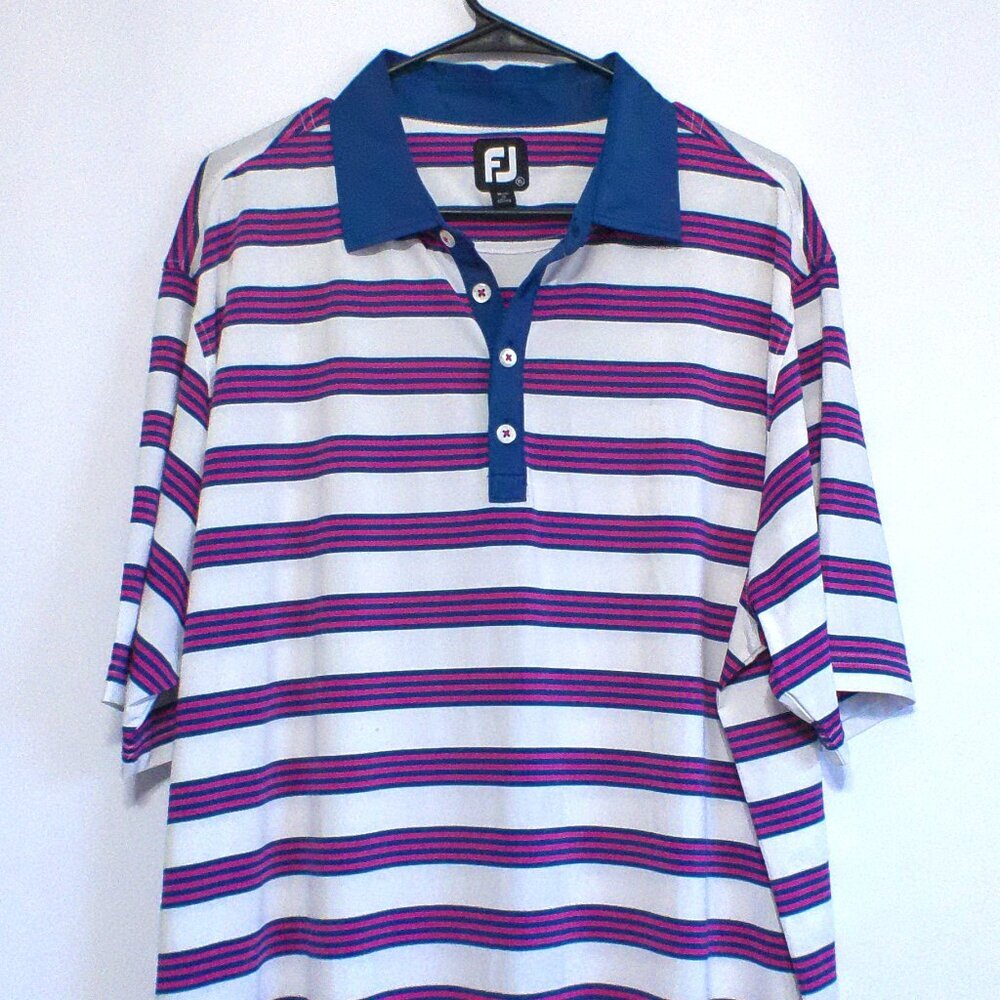 FootJoy Polo Shirt Mens XL White Blue Pink Striped Golf Short Sleeve Performance
